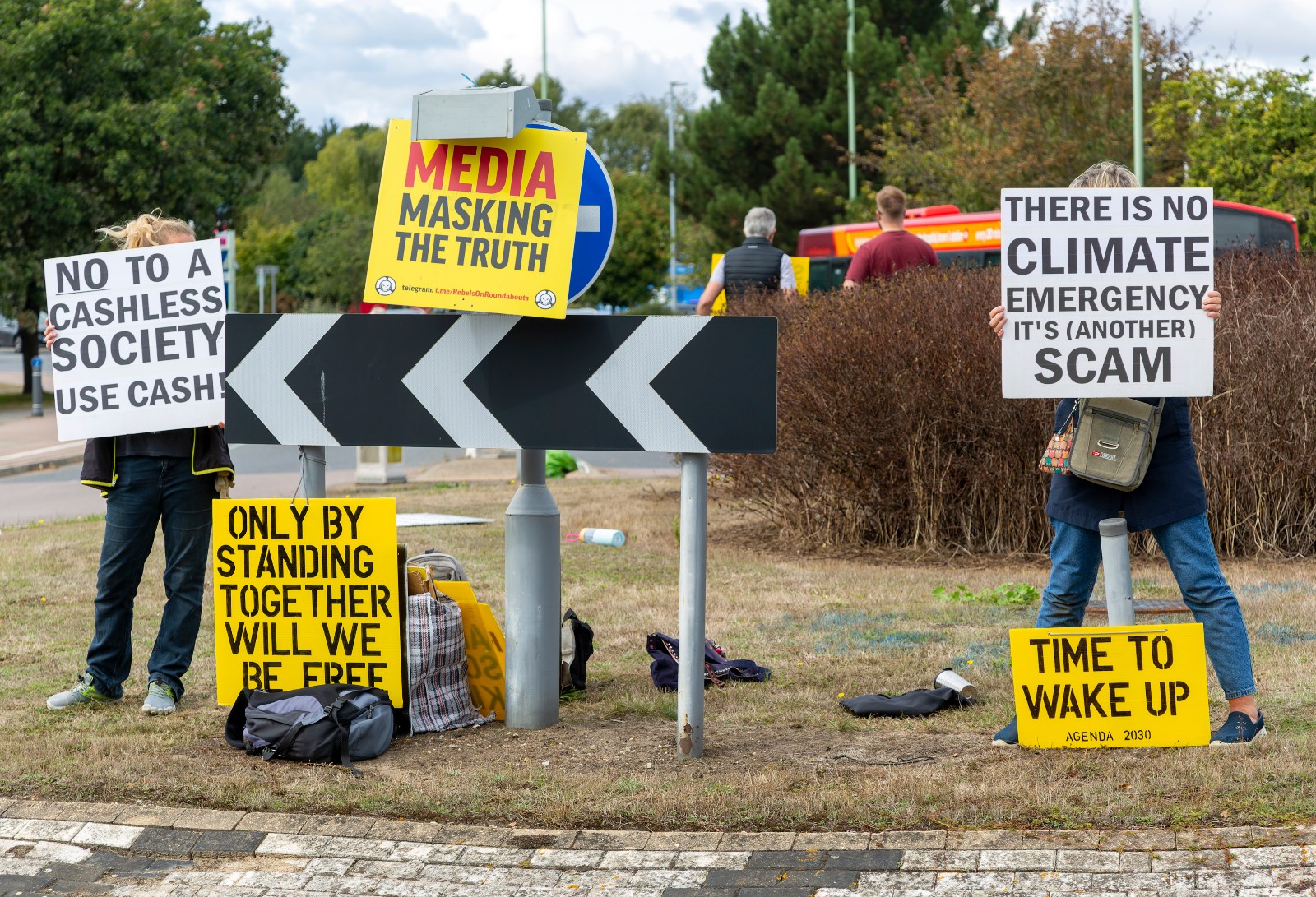Photo of people holding protetst signs about the media masking the truth and the climate emergency being a scam