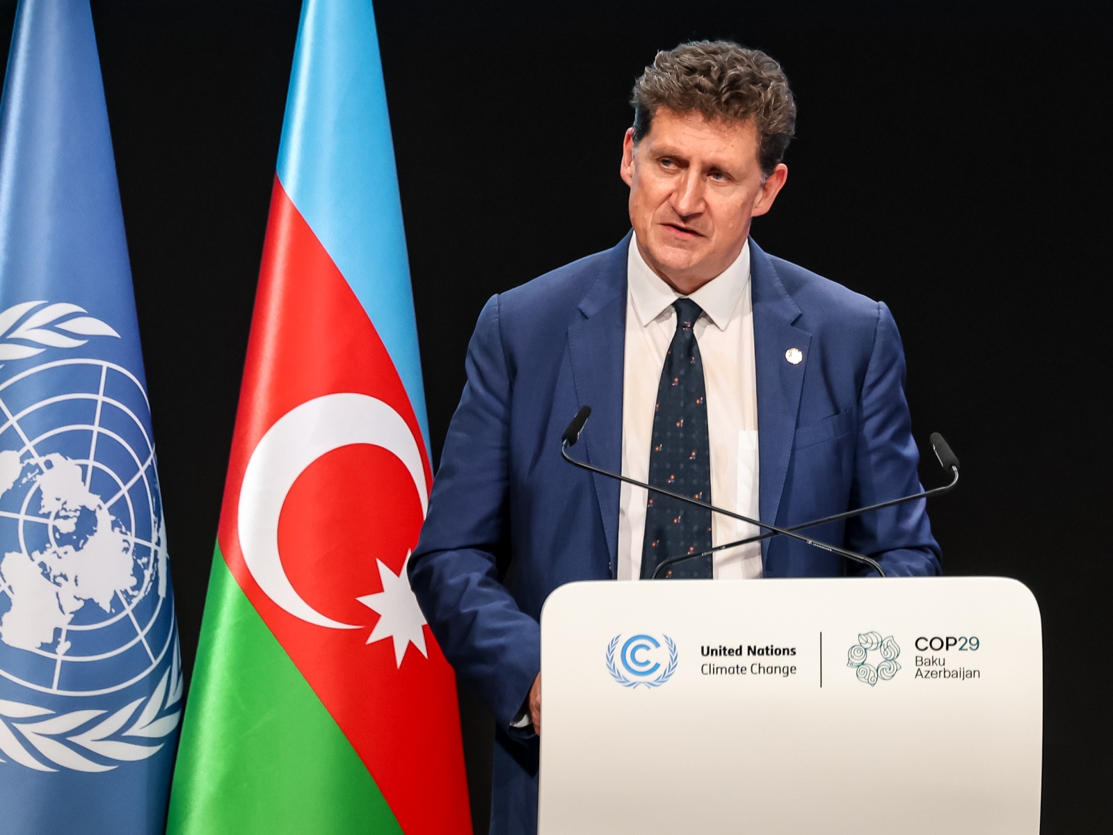 Eamon Ryan, the Irish environment minister, gives a speech during a plenary session at COP29 in Baku, Azerbaijan. Ryan and other European leaders said decarbonization talks were stalling out.