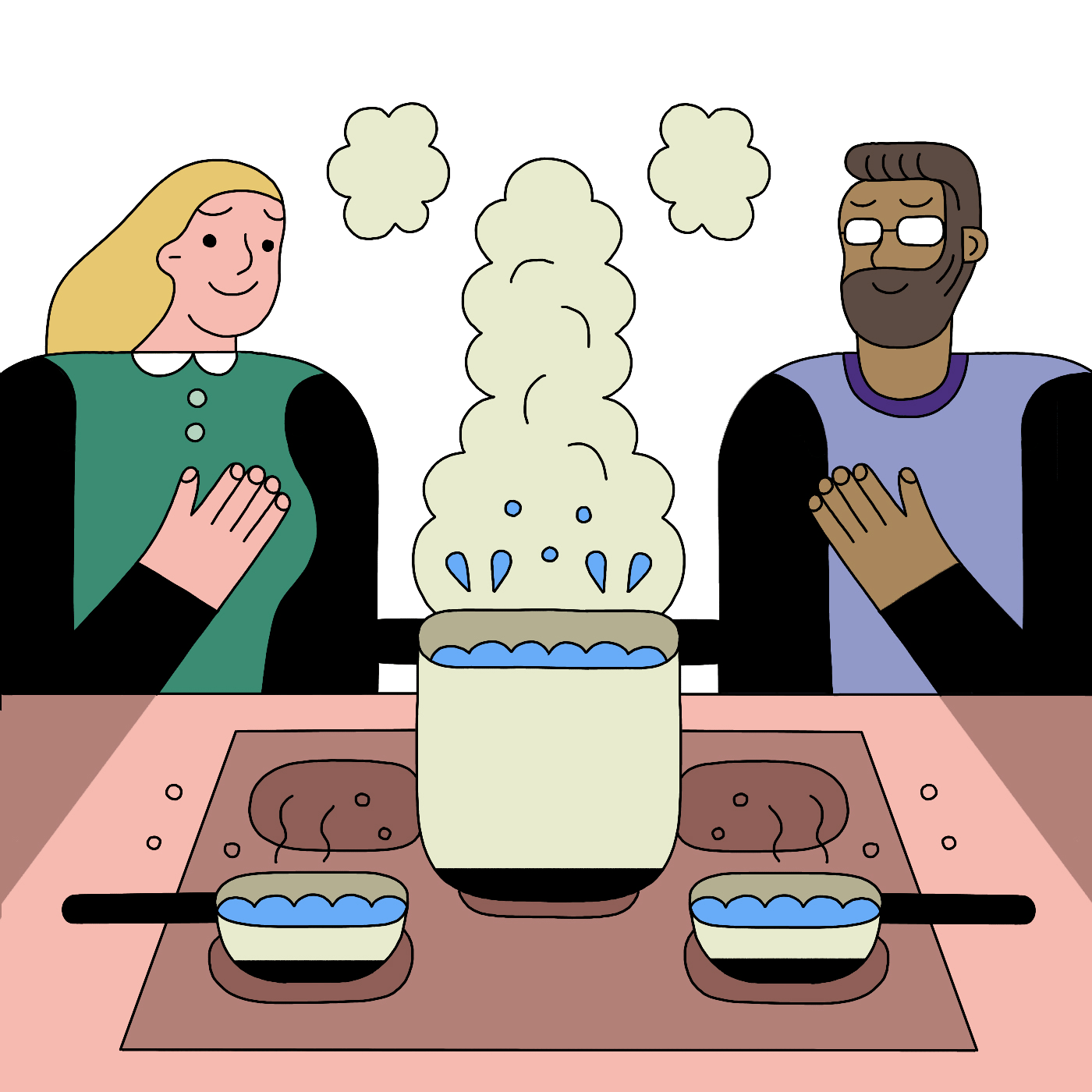 Illustration of Tik and his wife admiring their induction stove