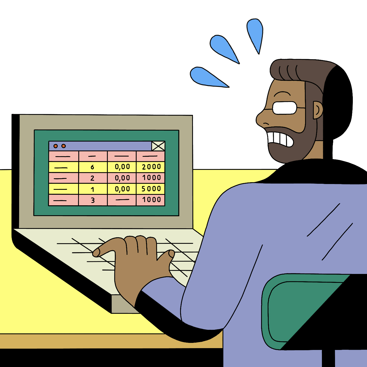 Illustration of Tik crunching numbers on his spreadsheet